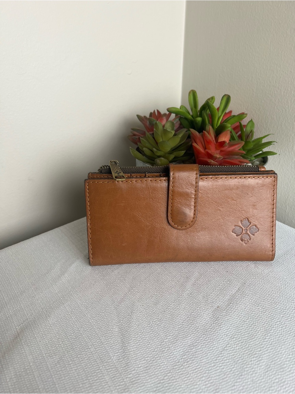 Patricia Nash Warm Tan Leather Snap Wallet with Embossed Detail